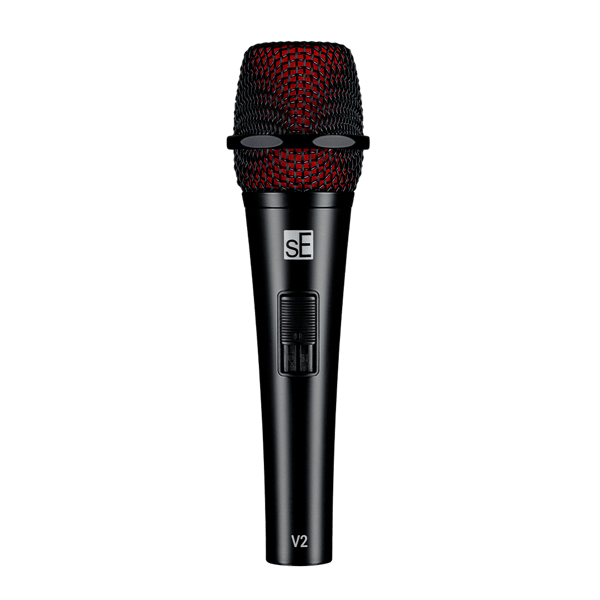 V2 SWITCH Microphone all black, with a red windscreen inside of the black grille.