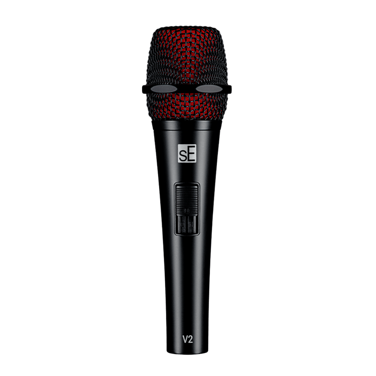 V2 SWITCH Microphone all black, with a red windscreen inside of the black grille.