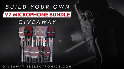 Graphic of the V7 giveaway. There is a black and white background image of a bass player with long hair on stage. There is text with a title of "BUILD YOUR OWN V7 MICROPHONE BUNDLE GIVEAWAY." Seven V7 finish are shown below the heading. Then the giveaway link is below the microphones (giveaway.seelectronincs.com)