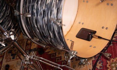 a gray bass drum without a front drum head with the BL8 inside of the drum laying on the inner natural wood