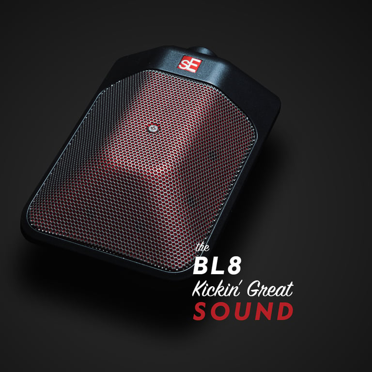 The BL8 on an angled surface with a gray circular gradient as the background. The graphic reads "The BL8 Kickin' Great Sound" and has a white sE logo with "learn more at seelectronics.com" along the right side of the image.
