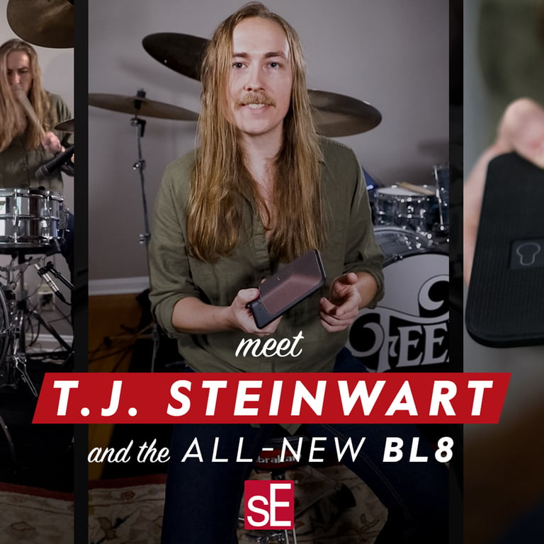 T.J. Steinwart in a three image collage. The first image shows him behind a drum set. The second image shows him with the BL8 in his hand while he is smiling. The third image is him showing the BL8 switches on the bottom during the BL8 mic breakdown.