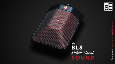 The BL8 boundary microphone on an angled surface with a gray circular gradient as the background. The graphic reads "The BL8 Kickin' Great Sound" and has a white sE logo with "learn more at seelectronics.com" along the right side of the image.
