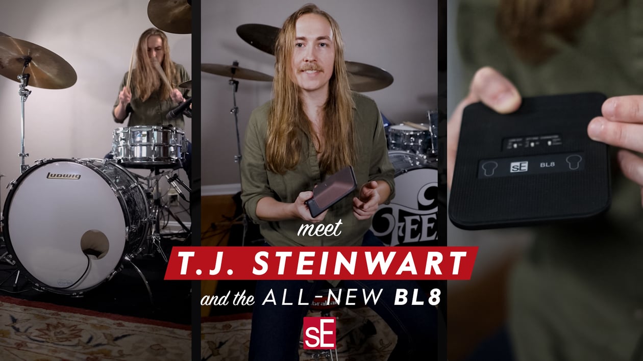 T.J. Steinwart in a three image collage. The first image shows him behind a drum set. The second image shows him with the BL8 in his hand while he is smiling. The third image is him showing the BL8 switches on the bottom during the BL8 mic breakdown.